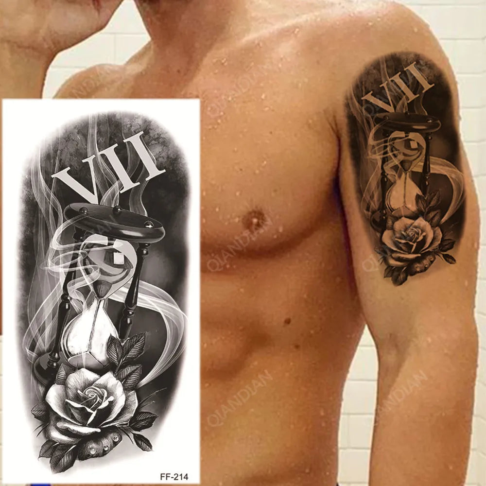 Hourglass Temporary Tattoo Time Sands Flower Mens Womens Fake Tattoos Waterproof