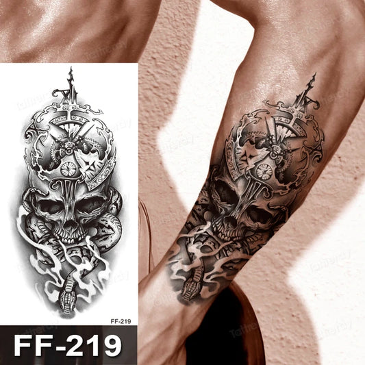 Skull Time Clock Snake Mens Womens Temporary Tattoo Fake Tattoos Waterproof