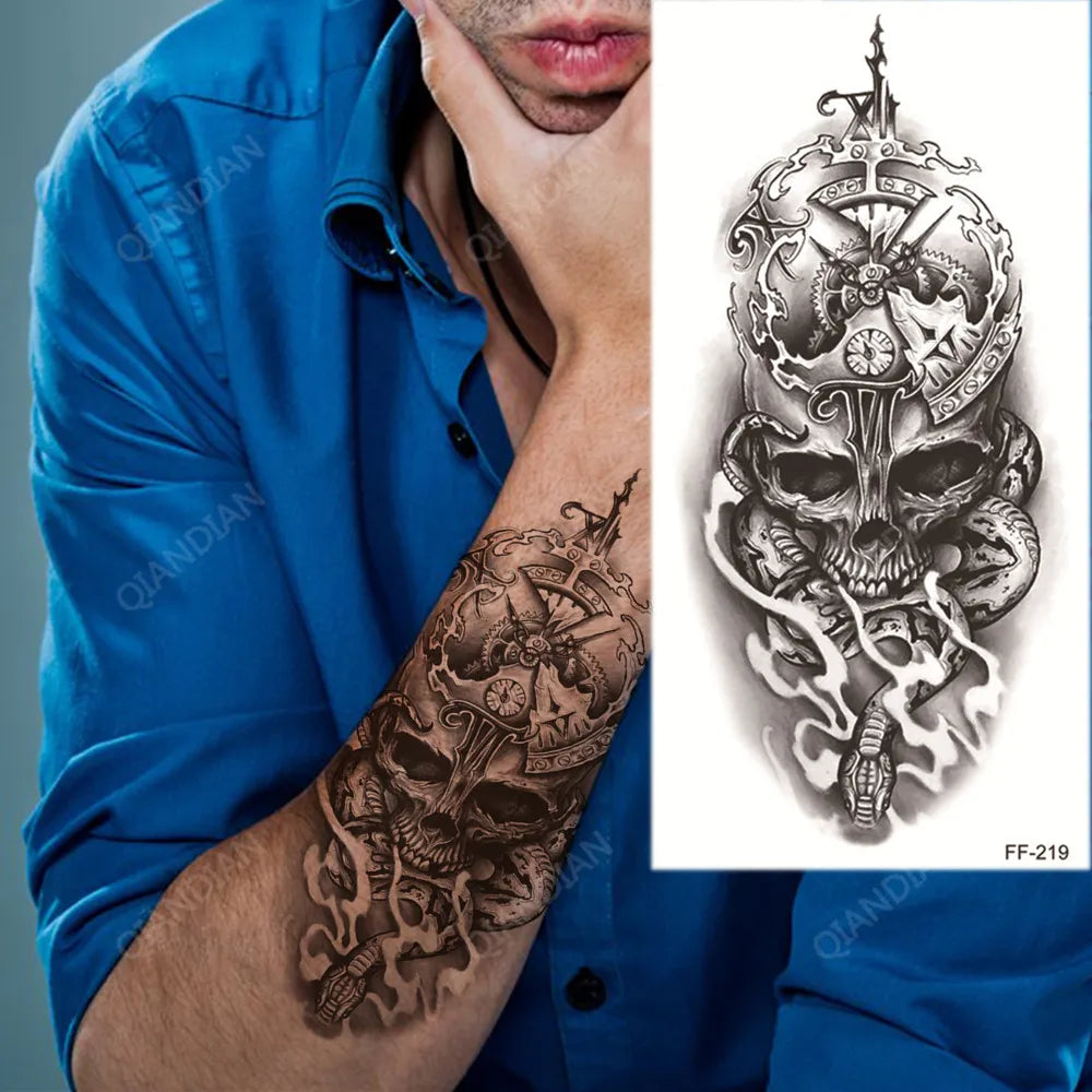 Skull Time Clock Snake Mens Womens Temporary Tattoo Fake Tattoos Waterproof