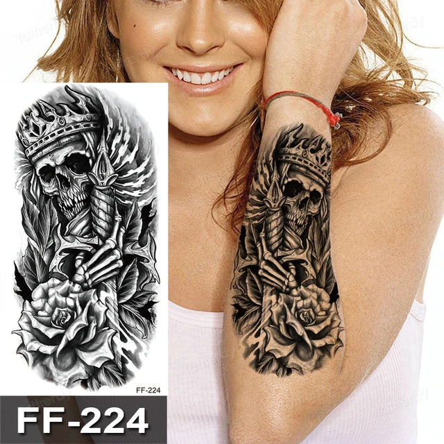 Skeleton King Dead Warrior Mens Womens Temporary Tattoo Fake Tattoos Waterproof