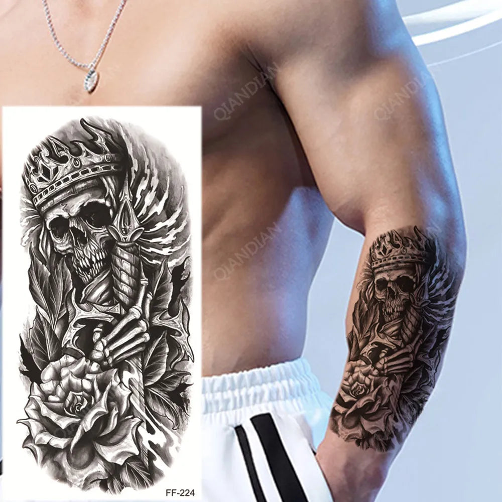 Skeleton King Dead Warrior Mens Womens Temporary Tattoo Fake Tattoos Waterproof