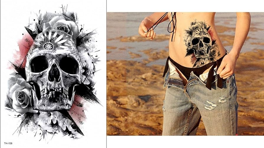 Skull Roses Waterproof Temporary Tattoos Sticker Womens tattoo Fake Arm Leg Mens