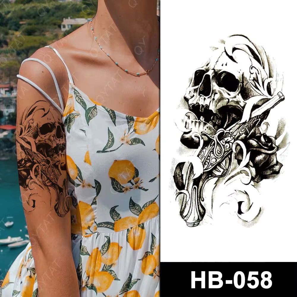 Pirate Skull Roses Pistol Gun Temporary Tattoos Womens Mens Waterproof Tattoo
