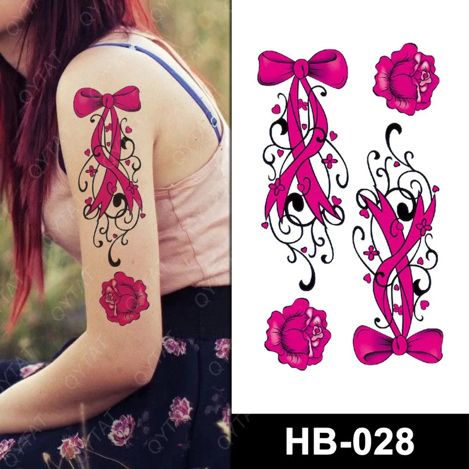 Pink Ribbons Bow Roses Temporary Tattoos Womens Leg Tattoo Waterproof Sexy Arm