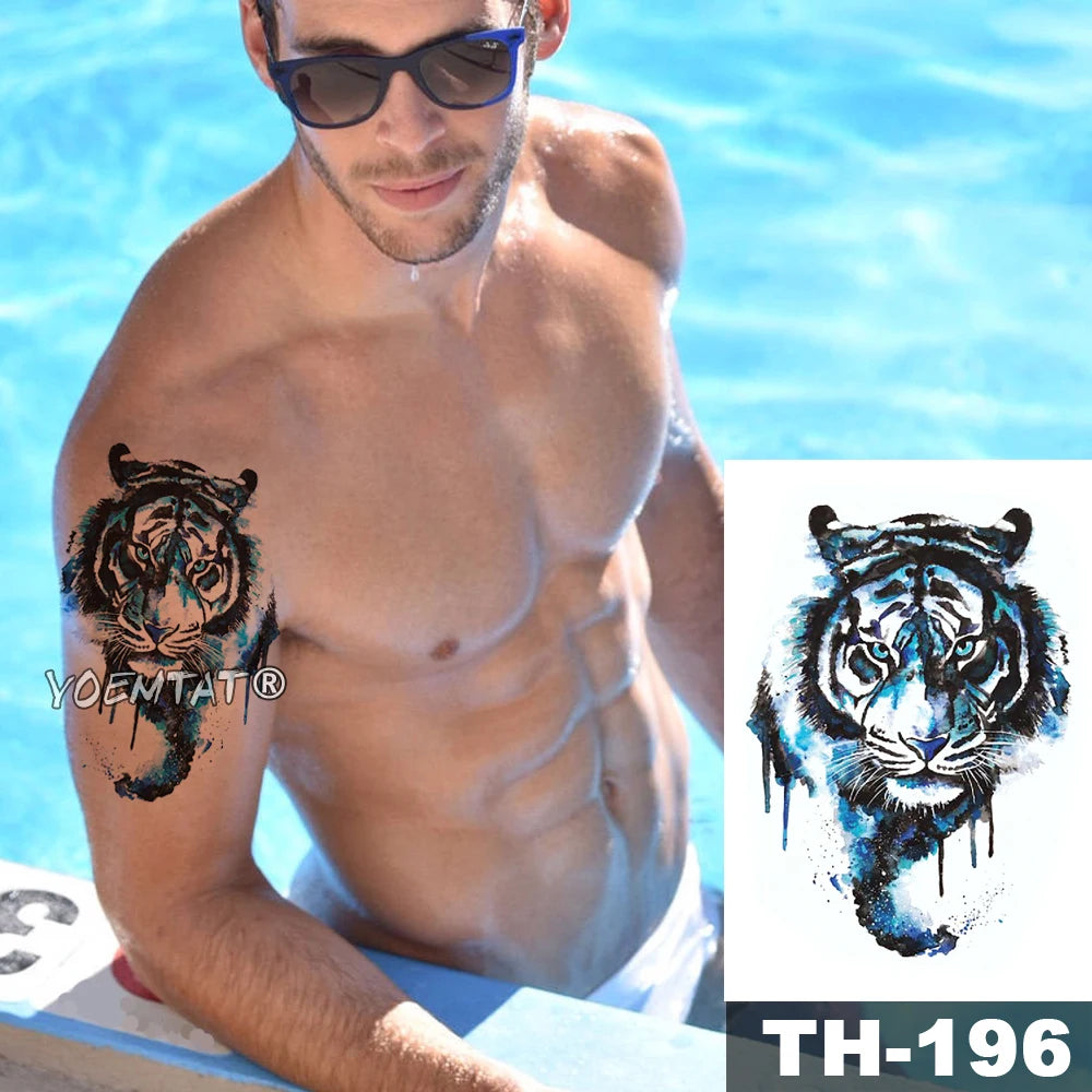 Blue Tiger Temporary Tattoo Sleeve Women Mens Waterproof Tattoos Fake Sticker