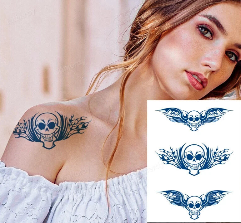 Skull SEMI PERMANENT Tattoos Natural Long Lasting Mens Womens Waterproof Wings