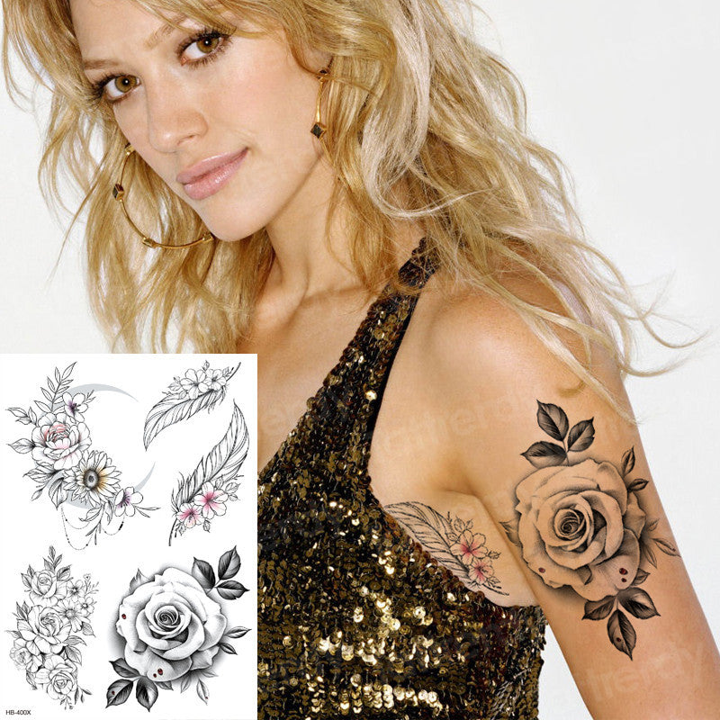 Roses Flowers Feathers Temporary Tattoos Womens Tattoo Fake Waterproof Sticker