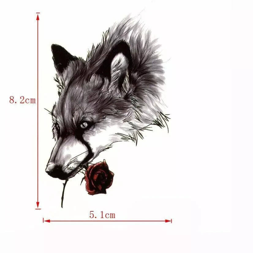 Wolf and Red Rose Waterproof Tattoos Women Mens Kids Fake Sticker Arm