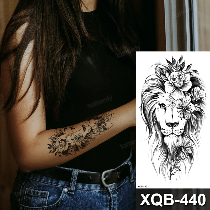Lioness Lion Flowers Temporary Tattoo Fake Press Sticker Womens Tattoos Arm Leg