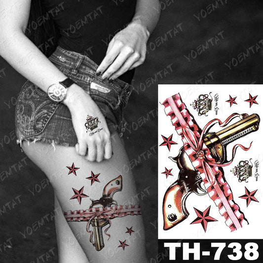 Sexy Gun Lace Garter Ribbon Temporary Tattoos Waterproof Sticker Womens Tattoo