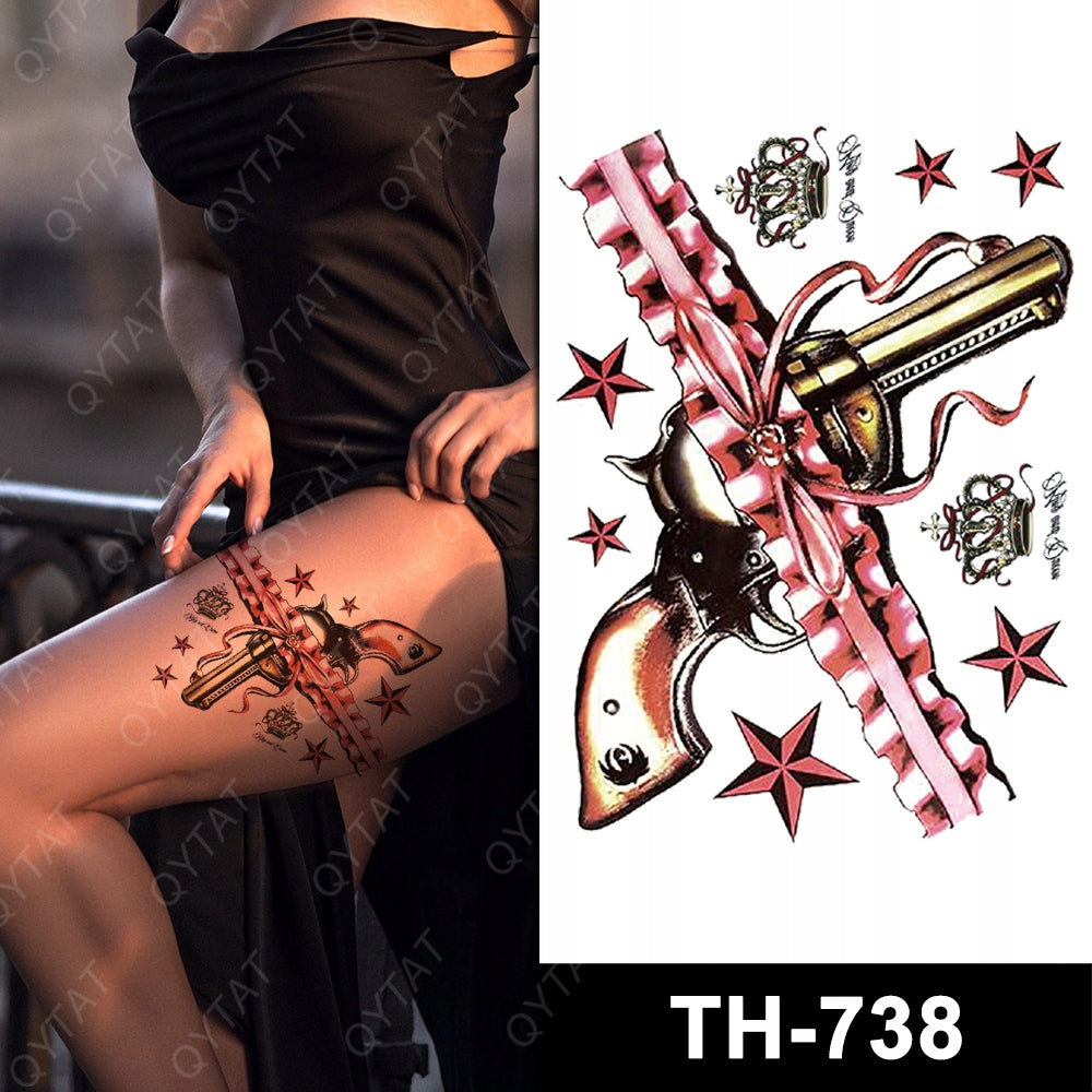 Sexy Gun Lace Garter Ribbon Temporary Tattoos Waterproof Sticker Womens Tattoo