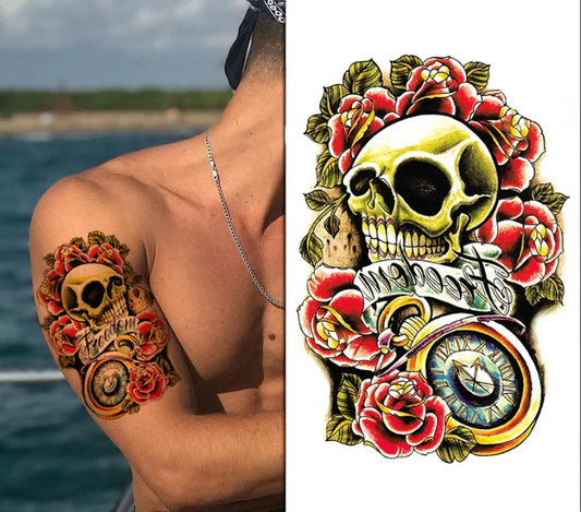 Skull Roses Temporary Tattoo Sticker Women Mens tattoo Waterproof Fake Arm