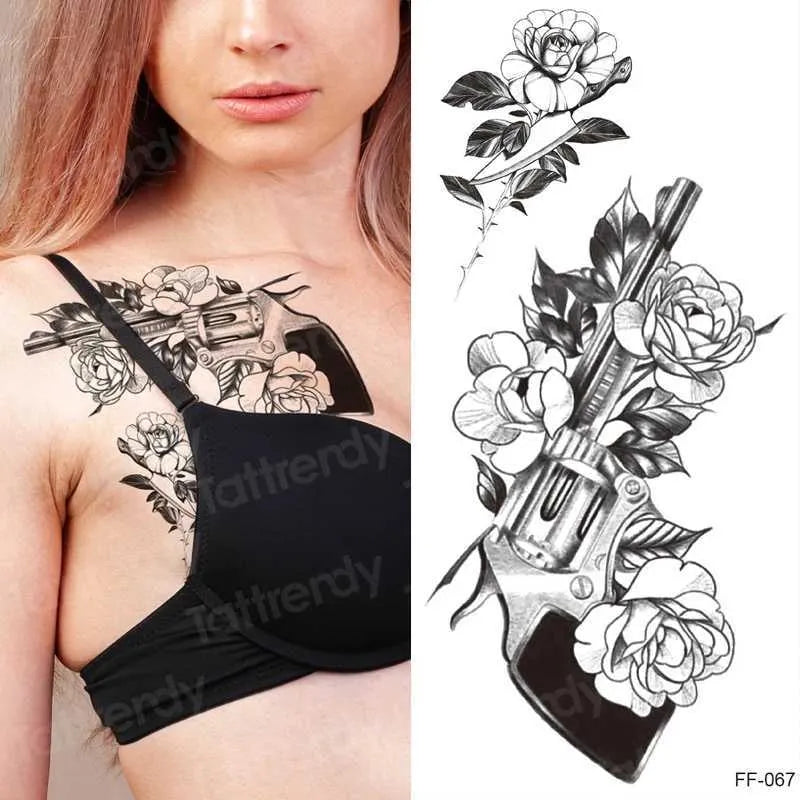 Gun Roses Flower Temporary Tattoo Womens tattoos Thigh Leg Chest Sticker Arm