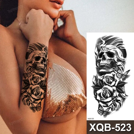 Skull Roses Temporary Tattoo Fake Waterproof Sticker Womens Mens Arm Leg
