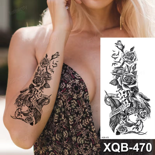 Roses Girl Feather Wolf Tattoo Waterproof Fake Sticker Womens Mens Arm Leg