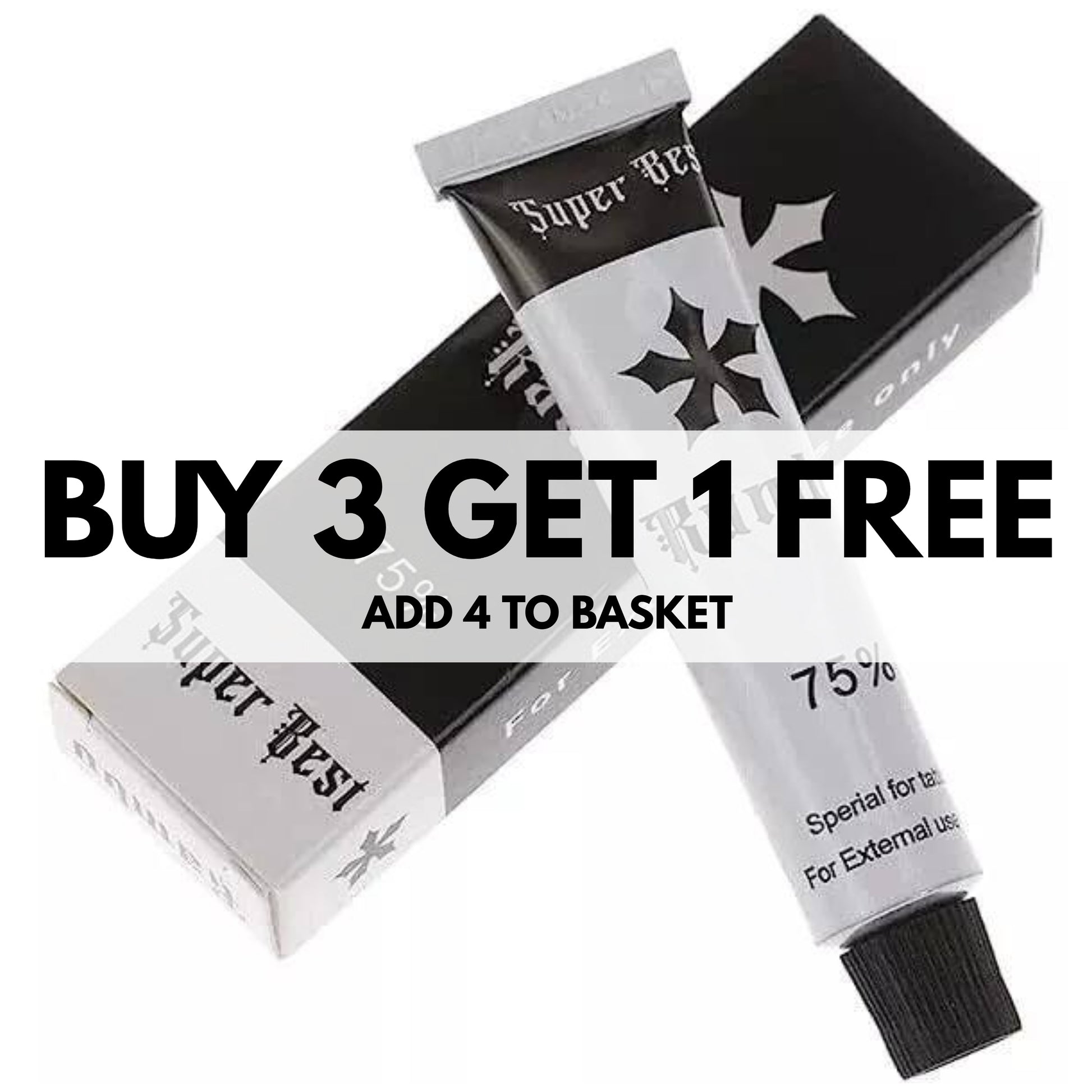 Rambo Tattoo Numbing Cream with packaging on a white background, featuring a promotional offer of buy 3 get 1 free.